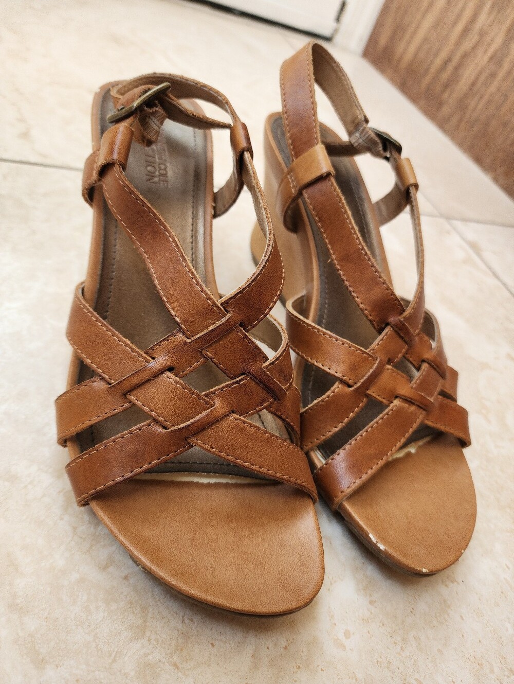 Kenneth Cole Reaction Tan Leather Heeled Sandals Wedges Woven Braided Strap